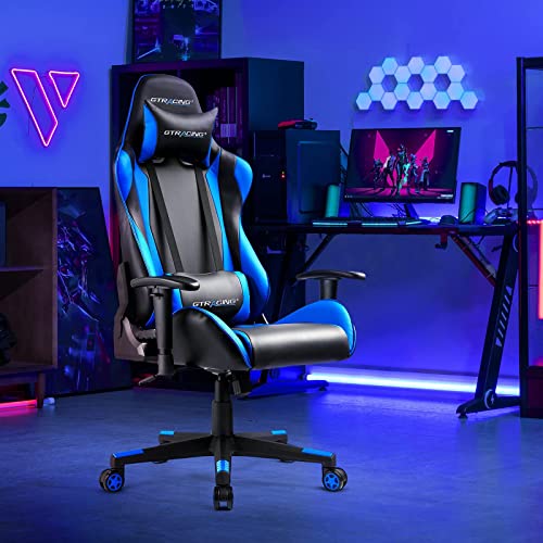GTRACING Gaming Chair with Footrest, Ergonomic Computer Game Desk Chair, Recline Gaming Chair Seat Height Adjustment, Swivel Rocker with Headrest and Lumbar (Blue)