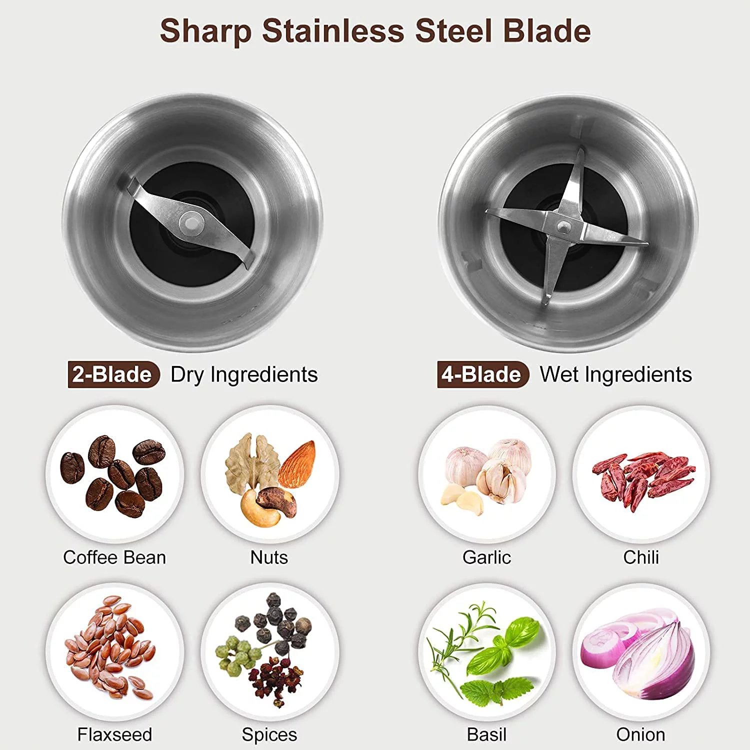 Alpina SF-2815 Electric Wet and Dry Coffee Grinder with 2-Stainless Steel Bowls, Small, Silver