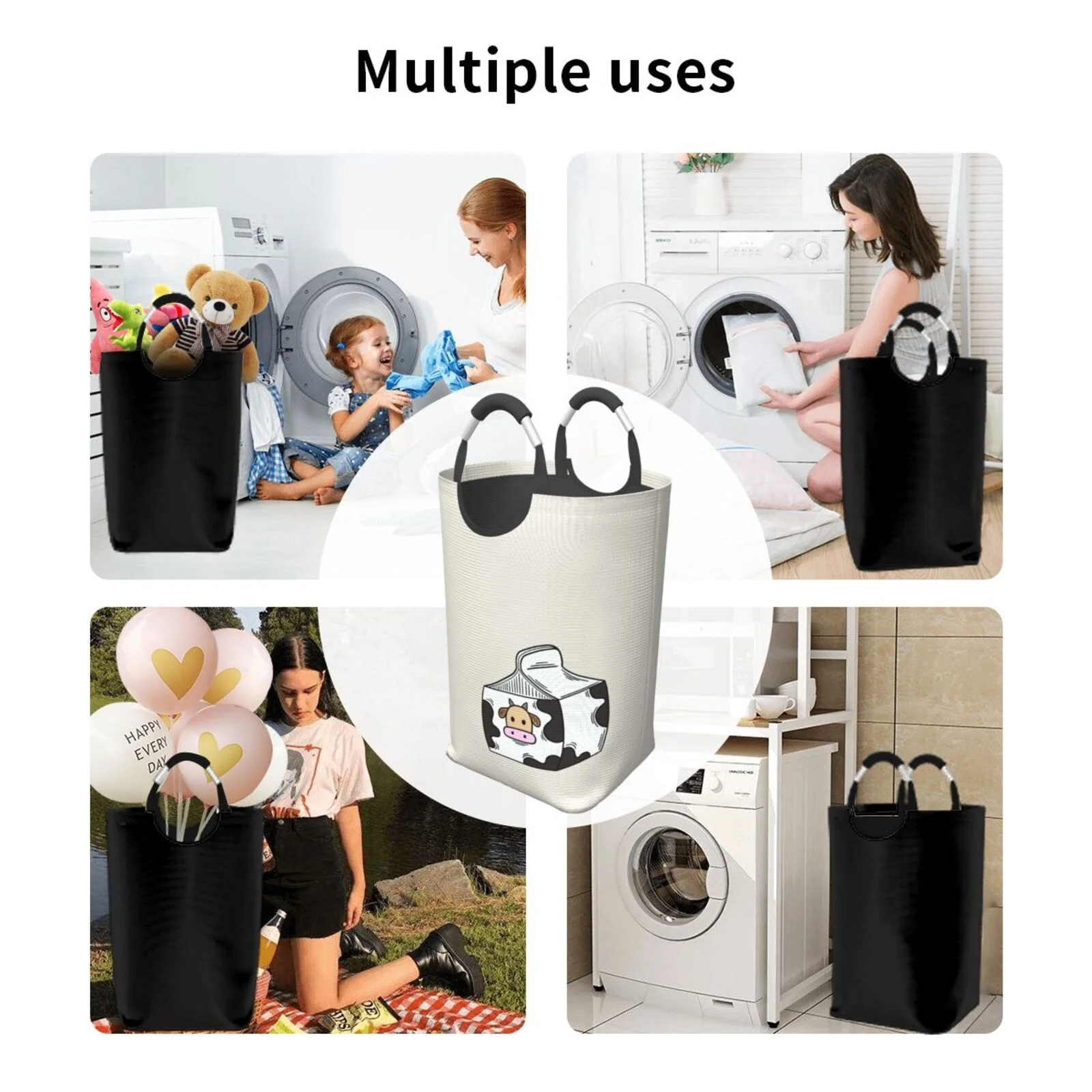 XMXT Collapsible Laundry Basket Hamper, Cartoon Milk Drinking Large Laundry Bag Clothes Hamper with Aluminum Handle, 50L
