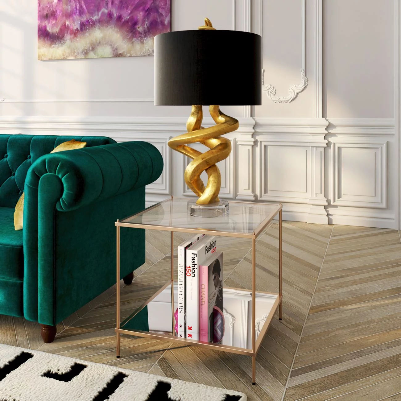 Ember Interiors Kreamer Metal and Glass Mirrored End Table, Gold