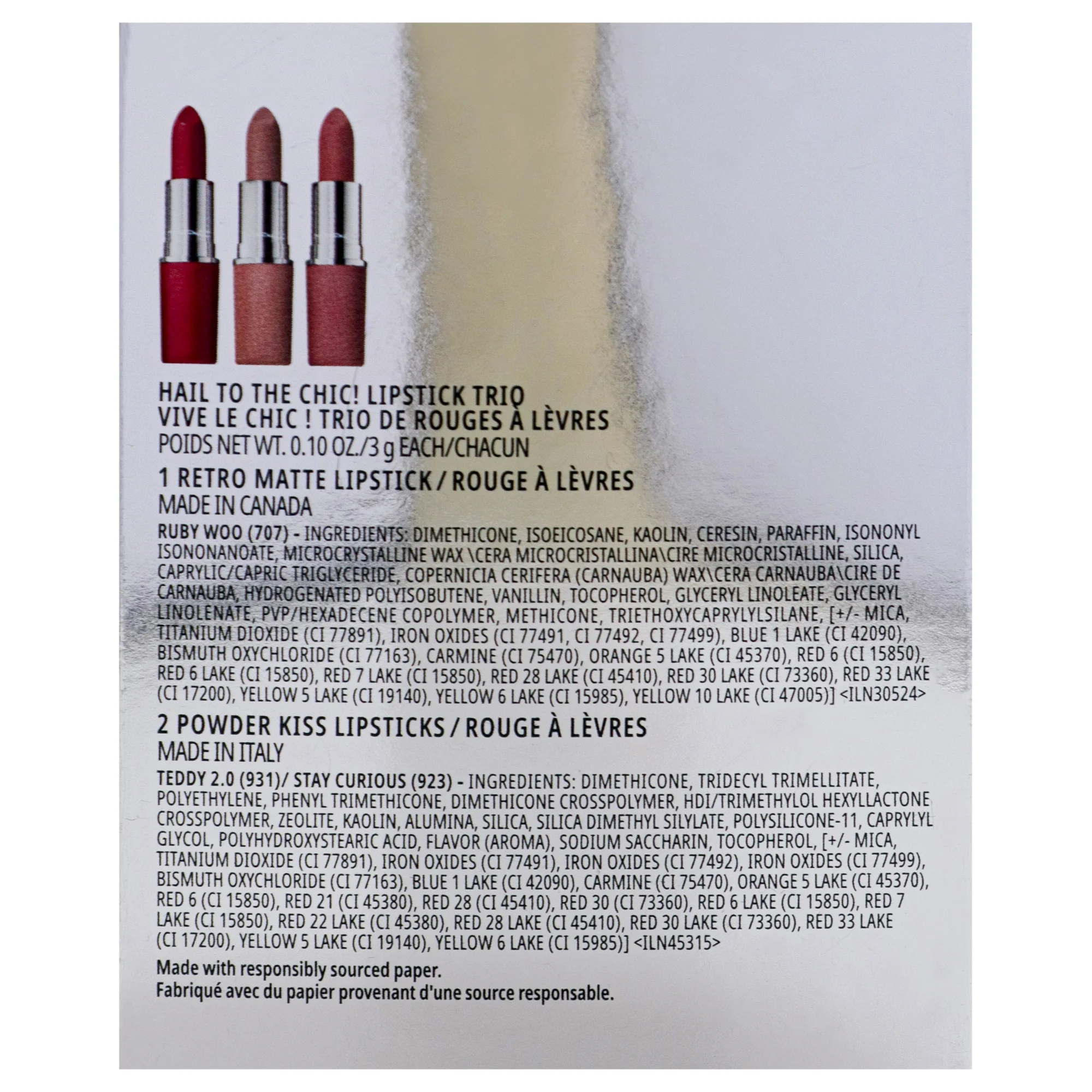 MAC Hail To The Chic Lipstick Trio , 3 Pc 0.10oz Powder Kiss Lipstick - 931 Teddy, 0.10oz Powder Kiss Lipstick - 923 Stay Curious, 0.10oz Retro Matte Lipstick - 707 Rudy Woo