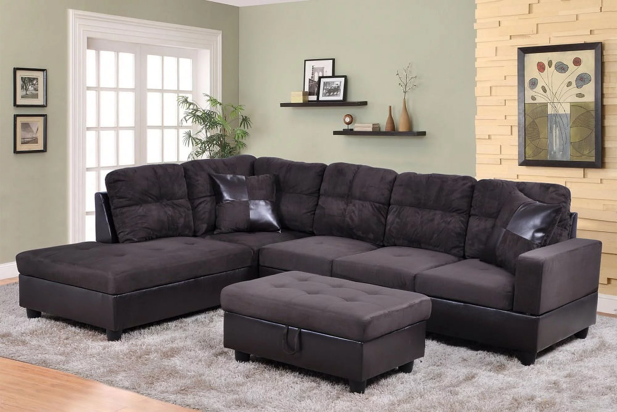 PonLiving Furniture Northstate 103.5'' Left Hand Facing Sectional Sofa with Storage Ottoman, Microfiber & Leather Upholstered