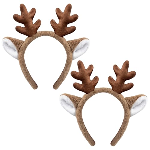 Dolkoic 2Pack Reindeer Antlers Headband Deer Antlers Fluffy Animal Ears Headband Party Cosplay Deer Costume for Christmas Halloween