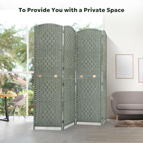 JOSTYLE Folding Privacy Room Divider, 4 Panel Screen Divider 6 ft. Tall Freestanding Extra Wide Rattan Room Partition Wall Separation Dividers, Grey