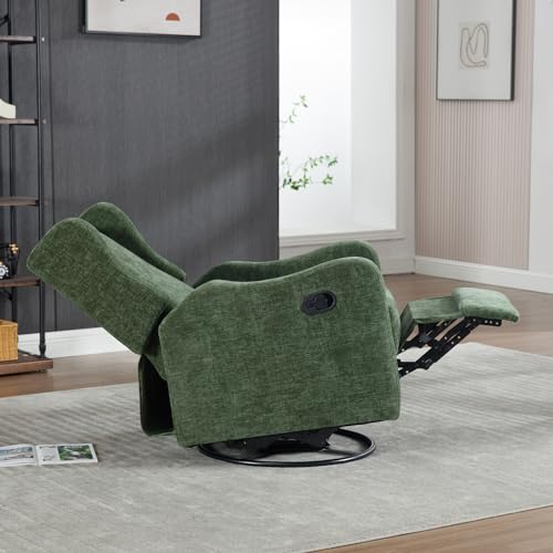 360° Swivel Glider Recliner, Soft Chenille Mid Century Modern Upholstered Ergonomic Rocker Comfy Wingback Accent with Curved Arm Sillas Reclining Chair Living Room Bedroom Lounge Reading Nursery Green
