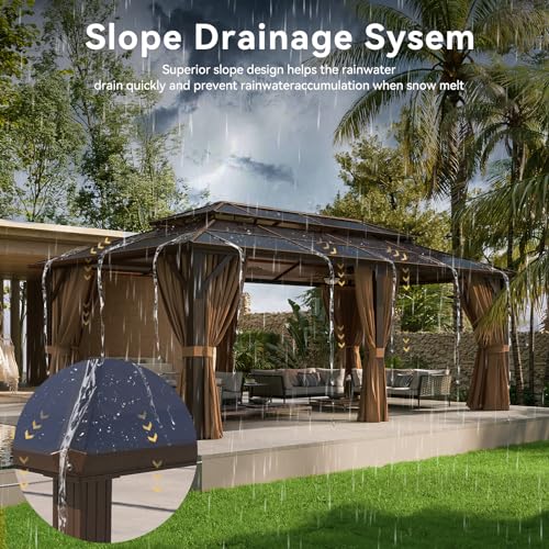 Aoxun 12'x10' Hardtop Gazebo, Aluminum Frame Permanent Pavilion with Curtains and Netting, Outdoor Polycarbonate Double Roof Canopy, Designed for Garden, Lawns, Patio, Brown