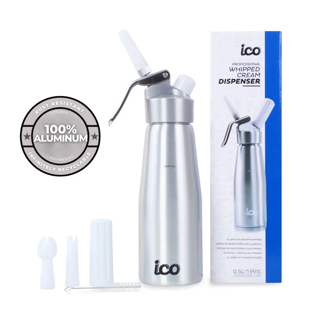 ICO Professional Aluminum Whipped Cream Dispenser for Use with 8g Whip Cream Chargers, 1 Pint