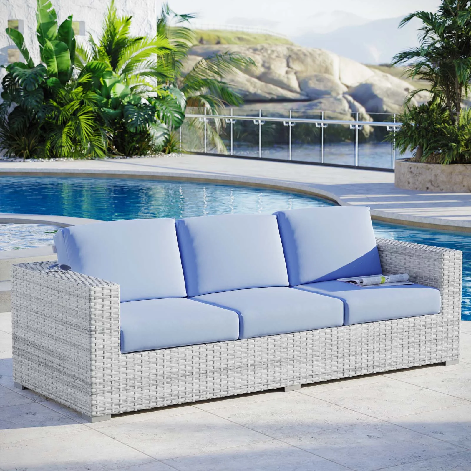 Lounge Sofa, Rattan, Wicker, Light Grey Gray Light Blue, Modern Contemporary Urban Design, Outdoor Patio Balcony Cafe Bistro Garden Furniture Hotel Hospitality