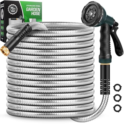 Garden Hose with 10-Function Nozzle, Leak-proof Metal Connector Hose, No Knots, Kink-Free, Lighter, Anti-Pets, Wear-Resistant, 3/4 GHT, Water Hose for Garden, Yard, Outdoor（75 FT）