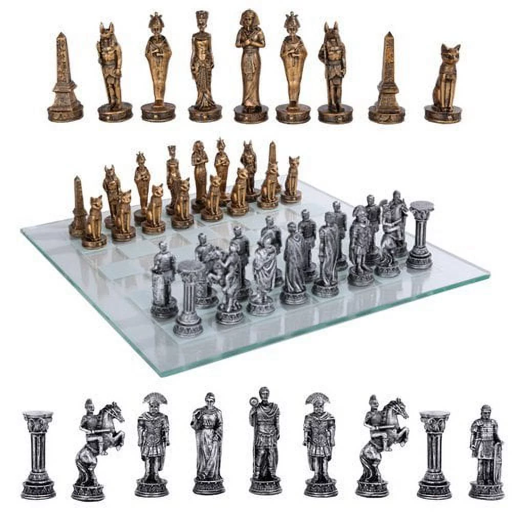 Pacific Trading Egyptian vs Roman Chess Set with Glass Board New
