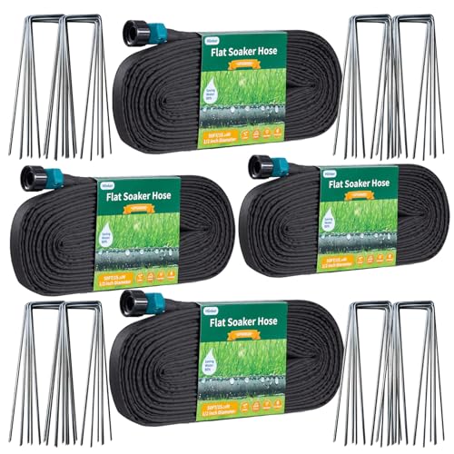 2025 Flat Soaker Hose 100 ft (50ft 2Packs) with Stake for Garden, Linkable Drip Hose Diy Automates Garden Irrigation System Saving 88% Water, Dual-layer Leak-free Design Water Hose with Holes