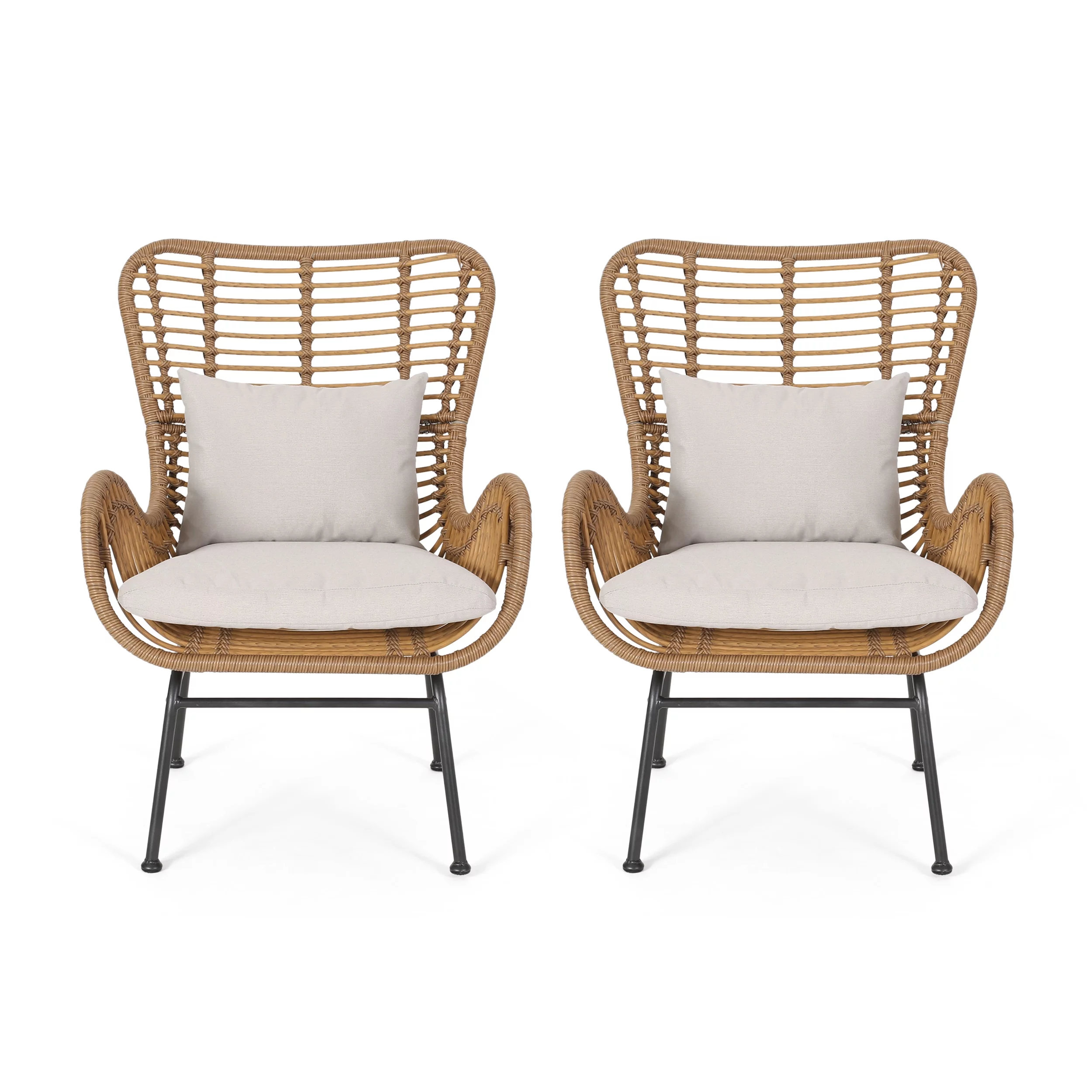 Noble House Marquwz Indoor Wicker Club Chairs with Cushions, Set of 2, Light Brown and Beige