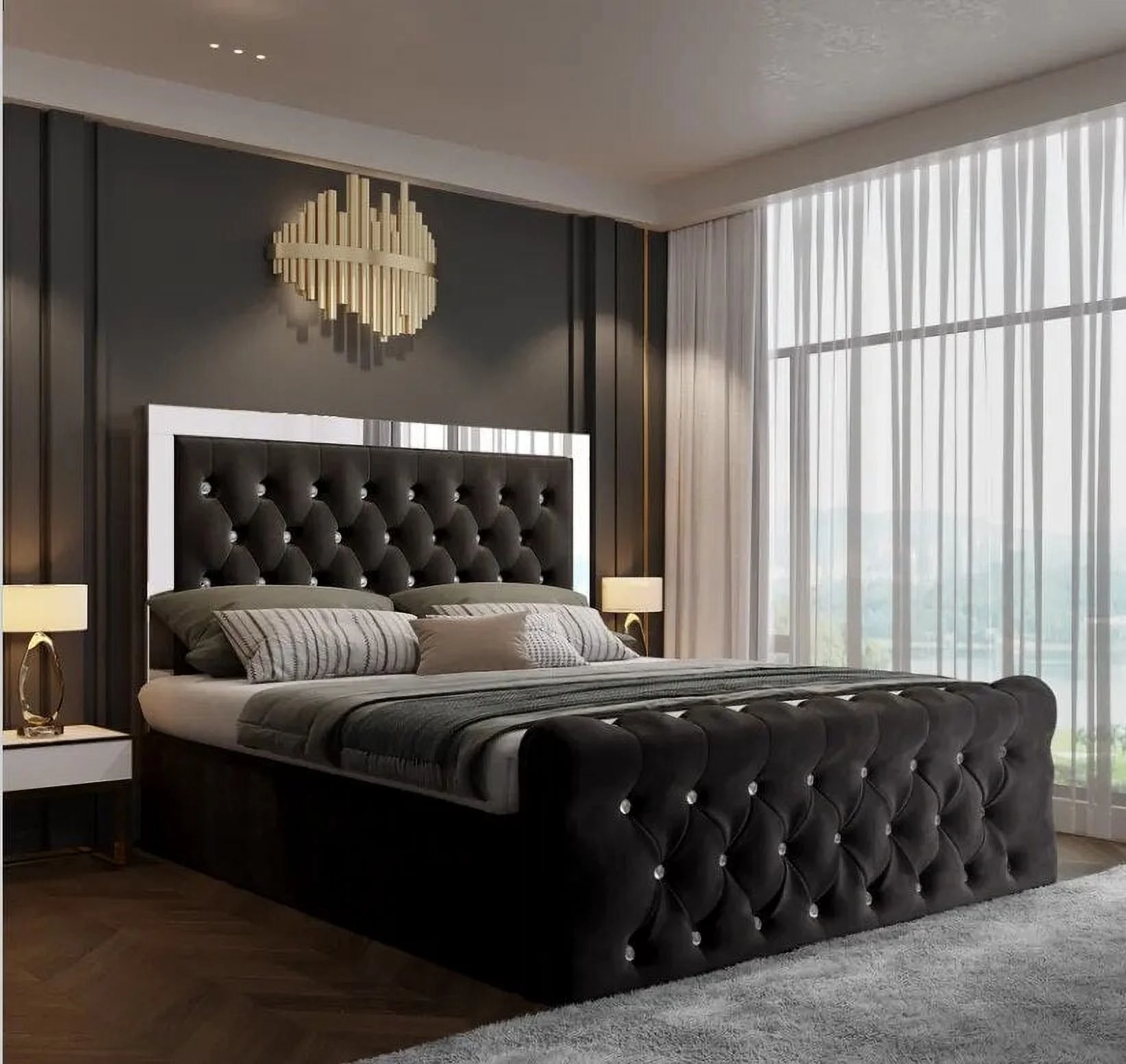 Headboard with Mirror Crystal Luxury Double Queen King Ottoman Gas Lift Velvet Fabric Upholstered Bedroom Furniture