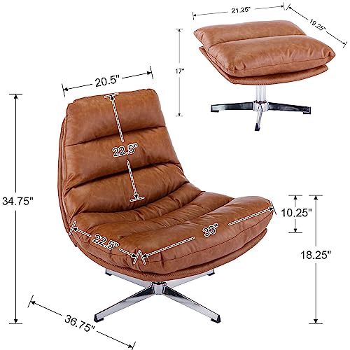 Swivel Accent Chair with Ottoman, Mid Century Modern Linen Lounge Chair with footrest, Comfy Oversized Armchair with 360 Degree Metal Base for Living Room/Bedroom, Cream