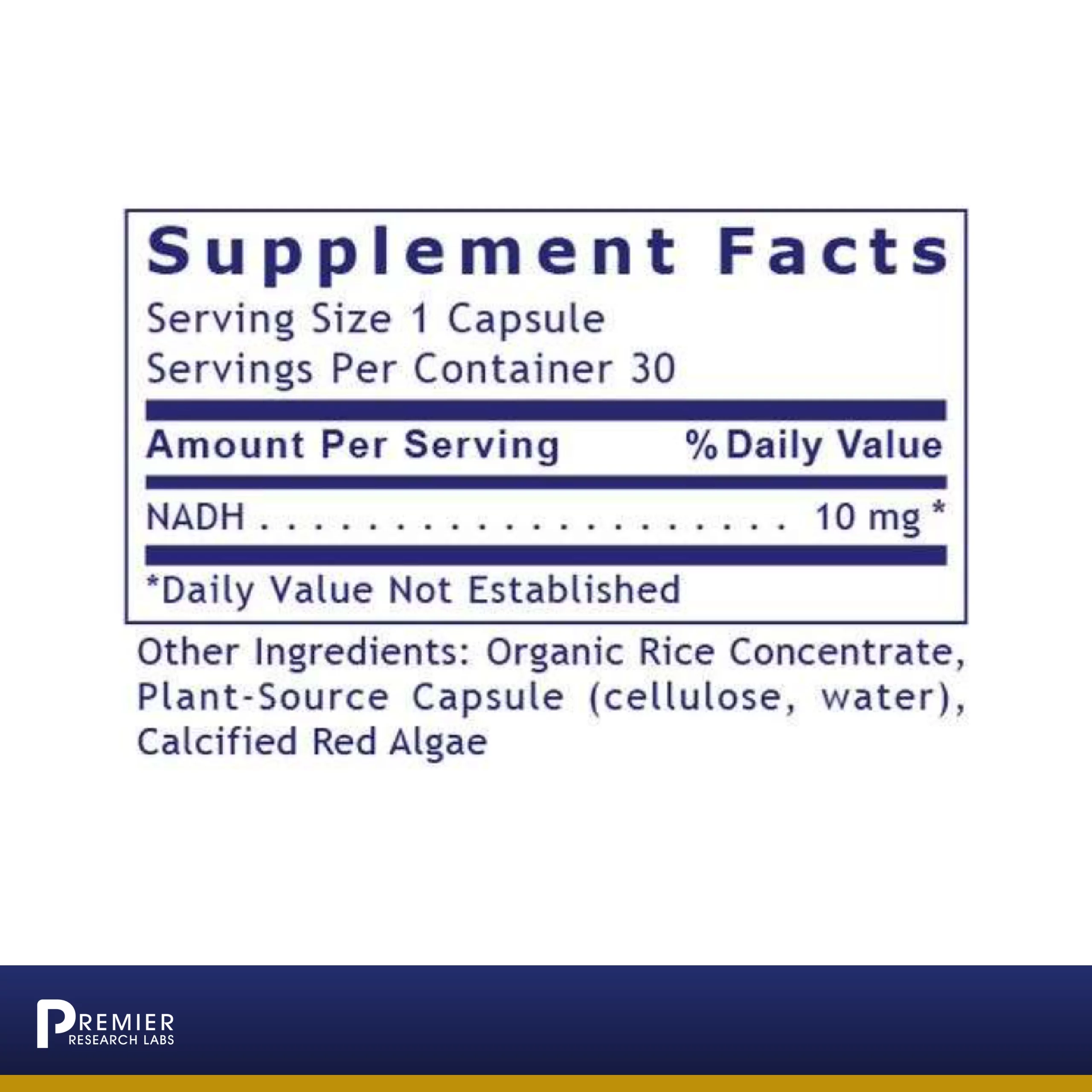 Premier Research Labs NADH - Supports Alertness, Energy & Athletic Performance - Memory Support Dietary Supplements - For Brain Health - Pure Vegan - 30 Plant-Source Capsules