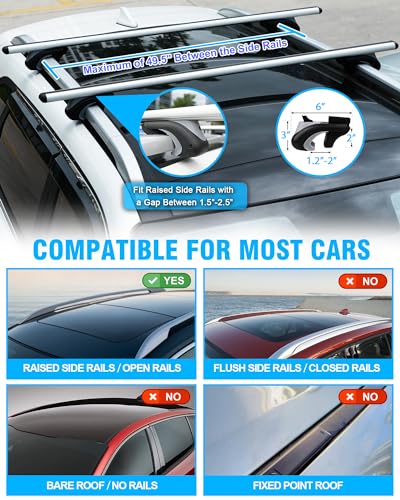 Car Roof Rack Cross Bars 55” Thick Aluminum Crossbars Universal Roof Rack Adjustable Roof Cross Bars with 200 lbs Load Capacity Fits Most Vehicles with Existing Raised Side Rails with Gap