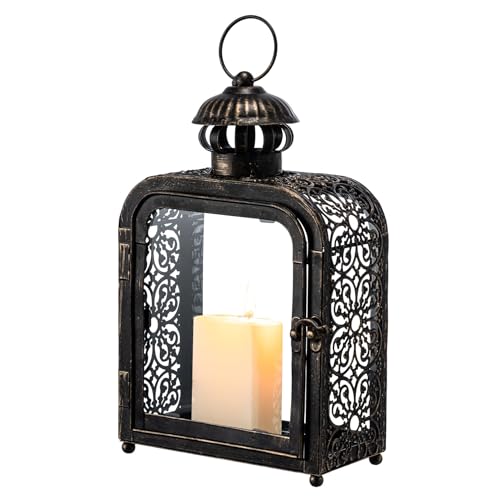 DECORKEY Candle Lantern Decorative Indoor & Outdoor, Vintage Metal Lanterns with Clear Glass, Tabletop&Hanging Candle Holders for Patio Front Porch Home Decor, Christmas Decorations (Bronze)