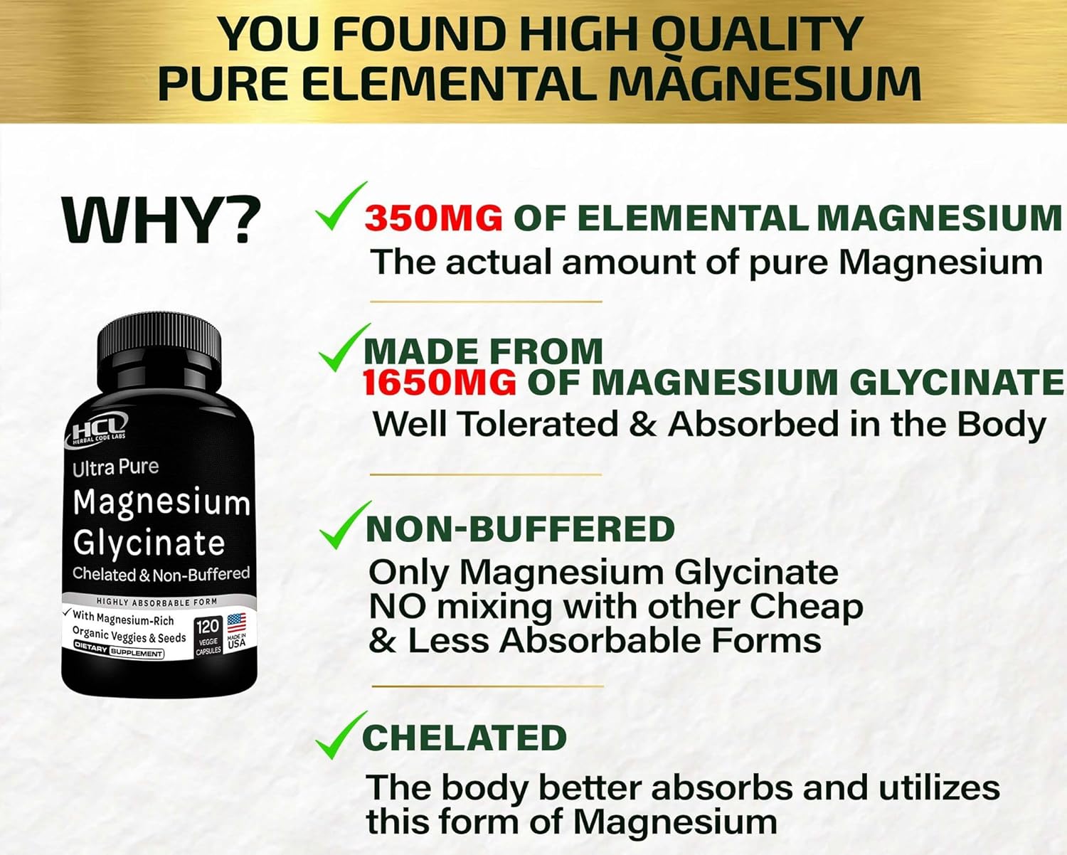 Pure Magnesium Glycinate Capsules - Non-Buffered 350mg Elemental Magnesium Supplement - Chelated High Absorption & Purity Magnesium Complex - Made in USA