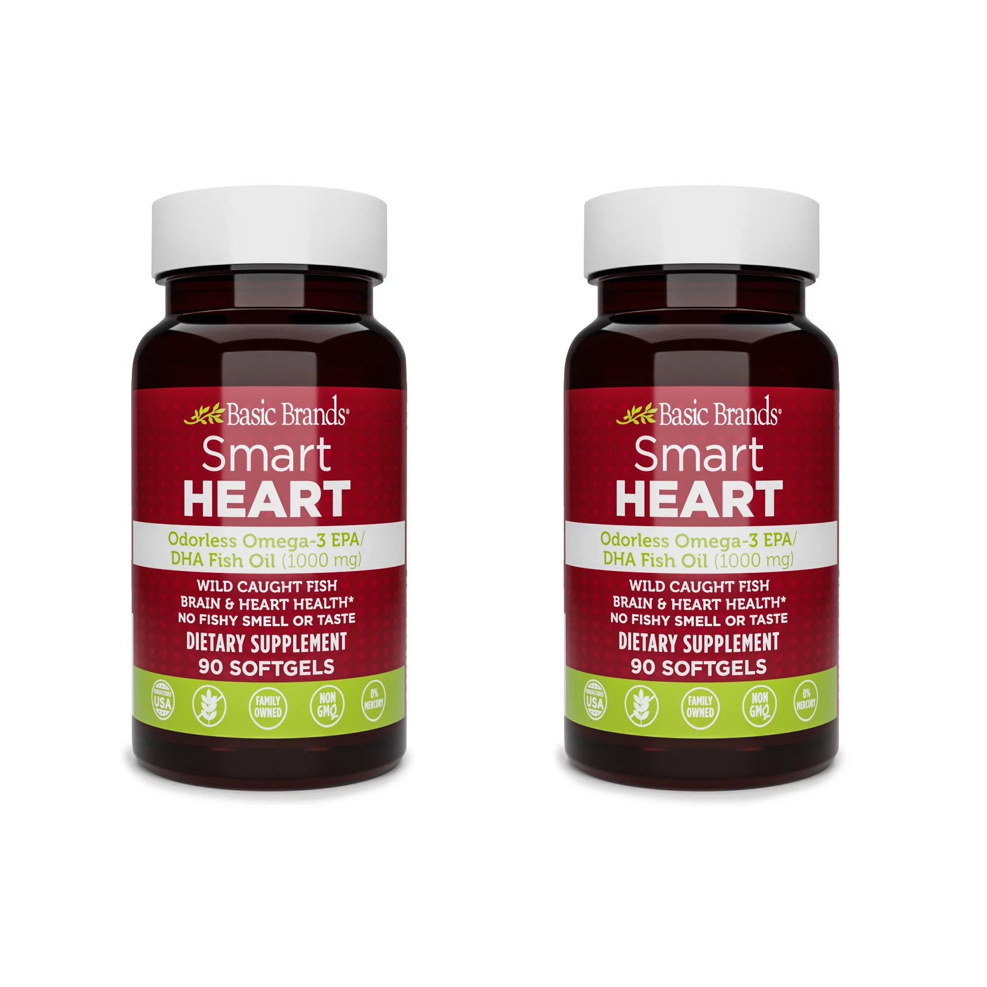 Basic Brands SMART HEART Odorless Omega-3 Fish Oil, 1000 mg, 90 Count (Pack of 2)