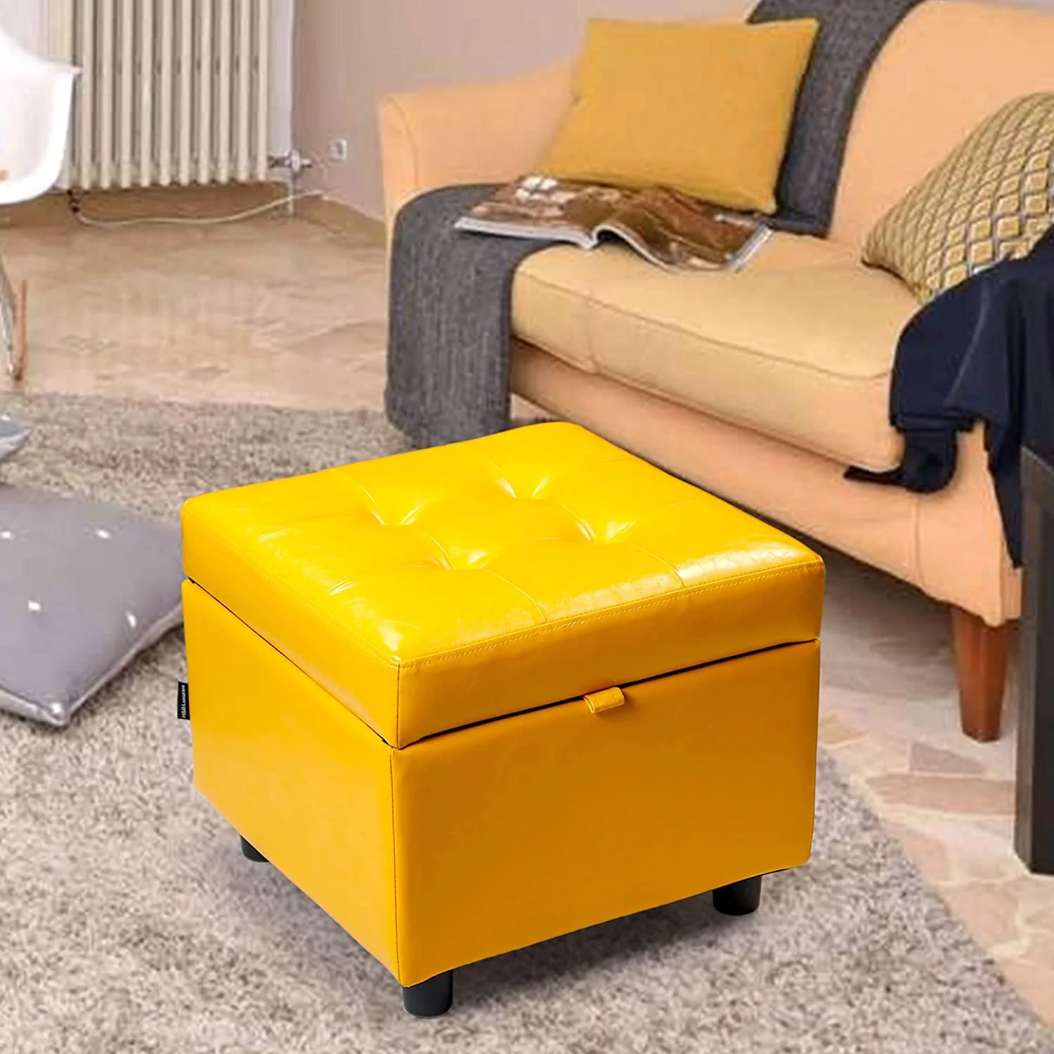H&B Luxuries Tufted Leather Square Flip Top Storage Ottoman Cube Foot Rest-ST-SOPUyelo13