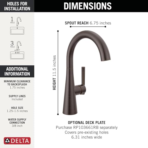 Delta Modern Oil Rubbed Bronze Single Hole Bar Sink Faucet, Single Handle Prep Sink Faucet, Venetian Bronze 14882LF-RB