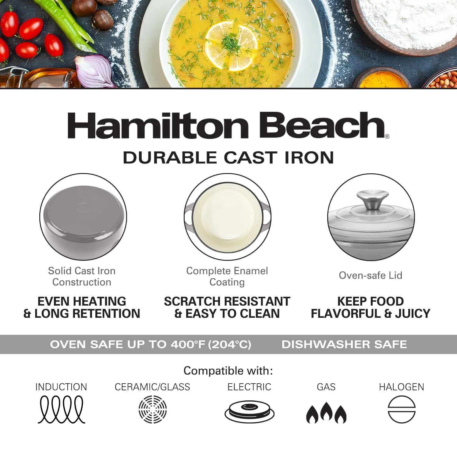 Hamilton Beach Enameled Cast Iron Dutch Oven Gray (3-Quart) | Cream Enamel Coating Dutch Oven Pot with Lid | Cast Iron Dutch Oven with Even Heat Distribution | Easy Grip to Handles & Multipurpose