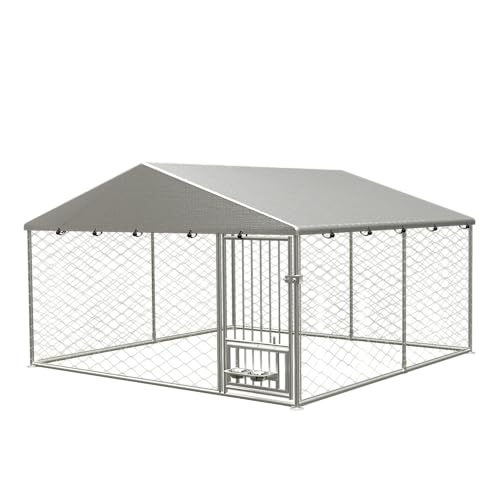 Large Outdoor Dog Kennel, Heavy Duty Galvanized Steel Dog Enclosure, Chicken Coop with Waterproof UV-Resistant Cover, Lockable Door Chain Link for Small & Large Pets, Backyard (90