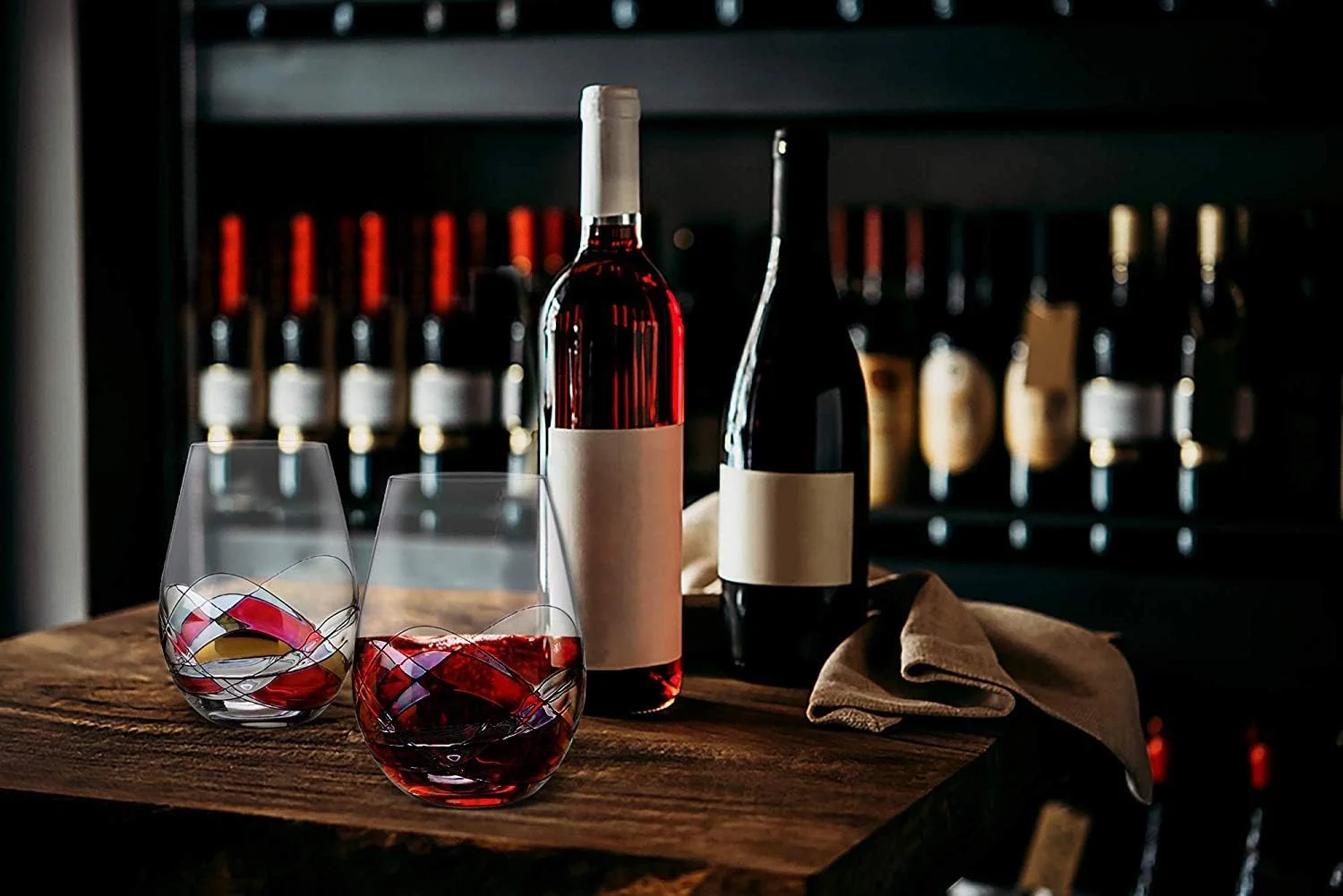 Stemless Wine Glasses Set Of Two | Hand Painted Large Premium Red And White Wine Glasses | Lead-Free Crystal | Essential Wine Gift | 18 Ounces (Blue)