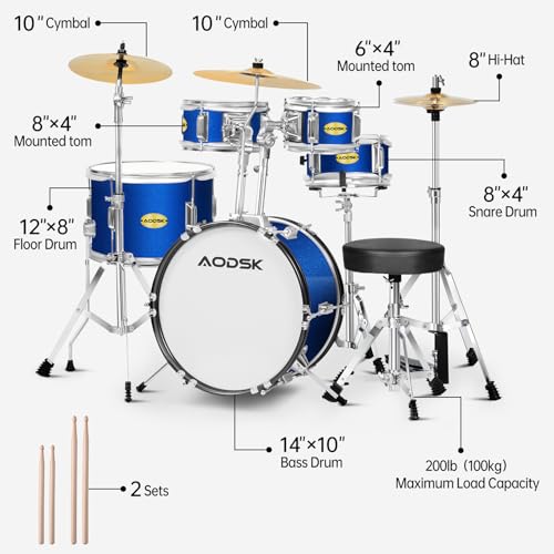AODSK Kid Drum Sets 5-Piece for Beginners, 14 inch Full Size Complete Drum Kit with Adjustable Throne, Cymbal, Hi-Hat, Pedal & Drumstick, Black