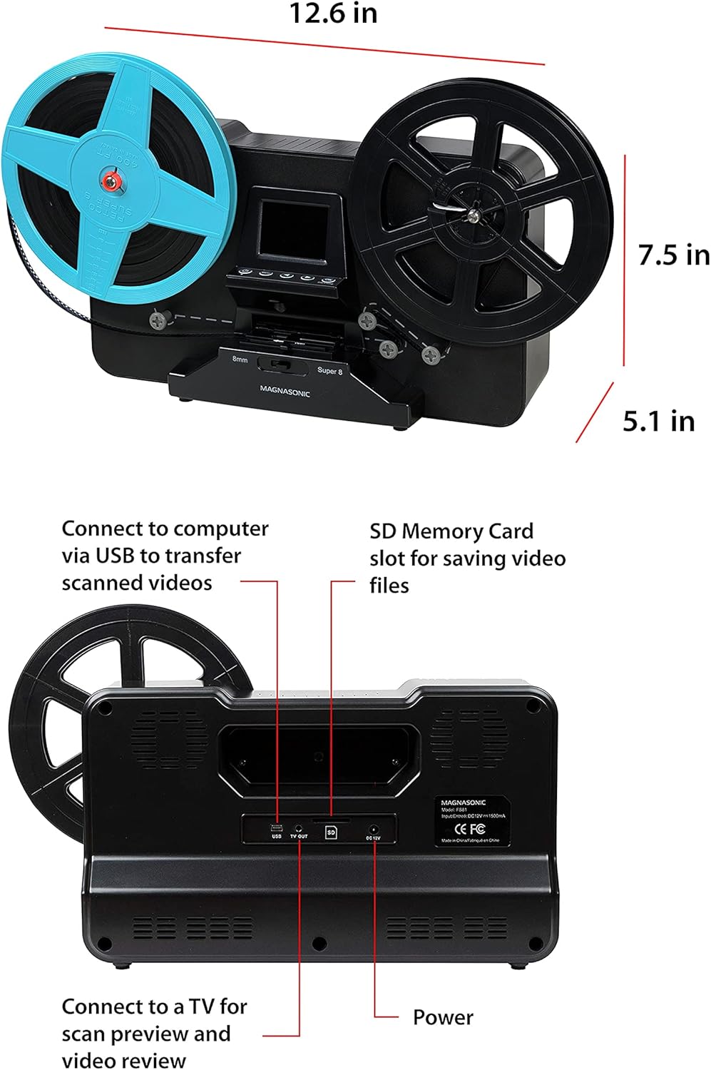 Magnasonic Super 8/8mm Film Scanner, Converts Film into Digital Video, Vibrant 2.3 Screen, Digitize and View 3, 5 and 7 Super 8/8mm Movie Reels (FS81)