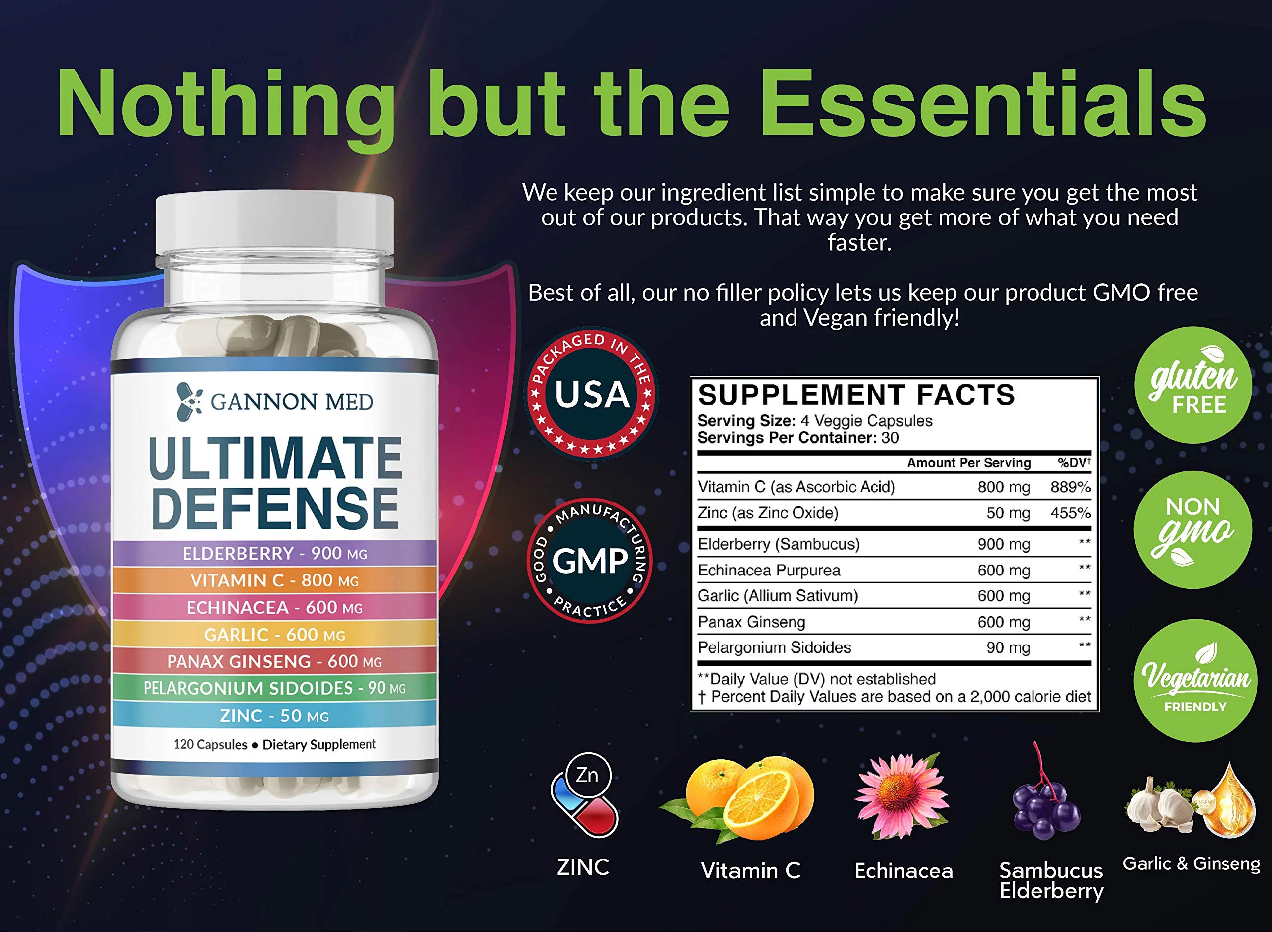 Ultimate Defense - Zinc 50mg - Vitamin C 800mg - Sambucus Elderberry 900mg - Echinacea P. 600mg - Garlic 600mg - Ginseng 600mg - Pelargonium S. 90mg - Synergistic System Booster - 120 Vegan Caps - USA