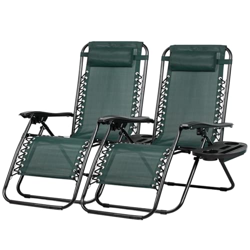 Nazhura Set of 2 Relaxing Recliners Patio Chairs Adjustable Steel Mesh Zero Gravity Lounge Chair Beach Chairs with Pillow and Cup Holder (Dark Green)