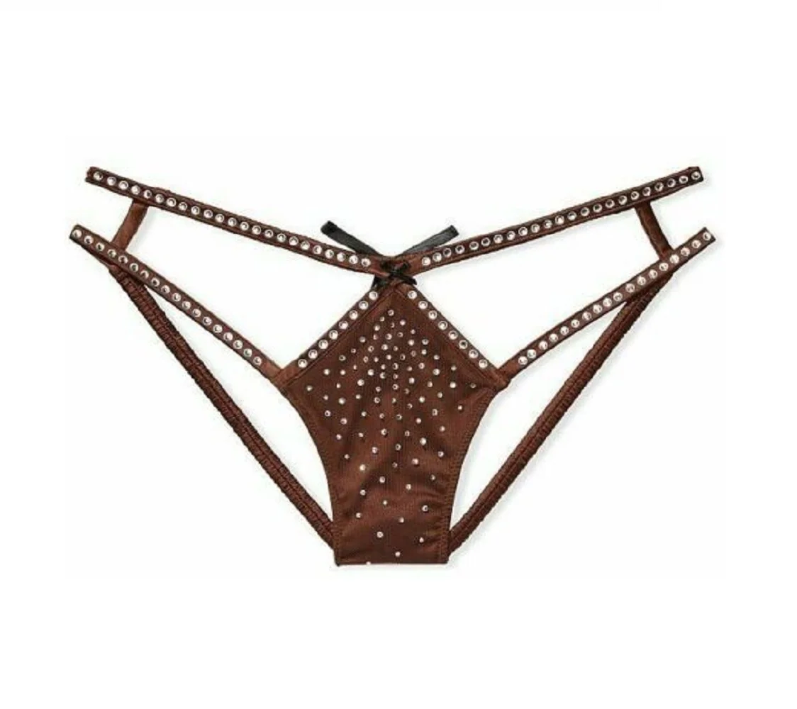 Victoria's Secret Dream Angels Strappy Satin Shine Rhinestones Cheeky Panty Espresso Brown Size Large New