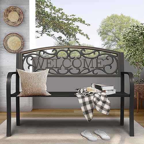 On Shine 50'' Outdoor Bench Weatherproof, Cast Iron All Metal Frame Garden Bench, Anti-Rust Patio Park Bench Clearance for Front Porch, Yard, Lawn, Deck