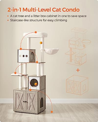 Feandrea Cat Tree with Litter Box Enclosure, 2-in-1 Modern Cat Tower, 70.8-Inch Tall Cat Condo with Scratching Posts, Perch, Caves, Basket, Washable Cushions, Heather Greige UPCT116G01