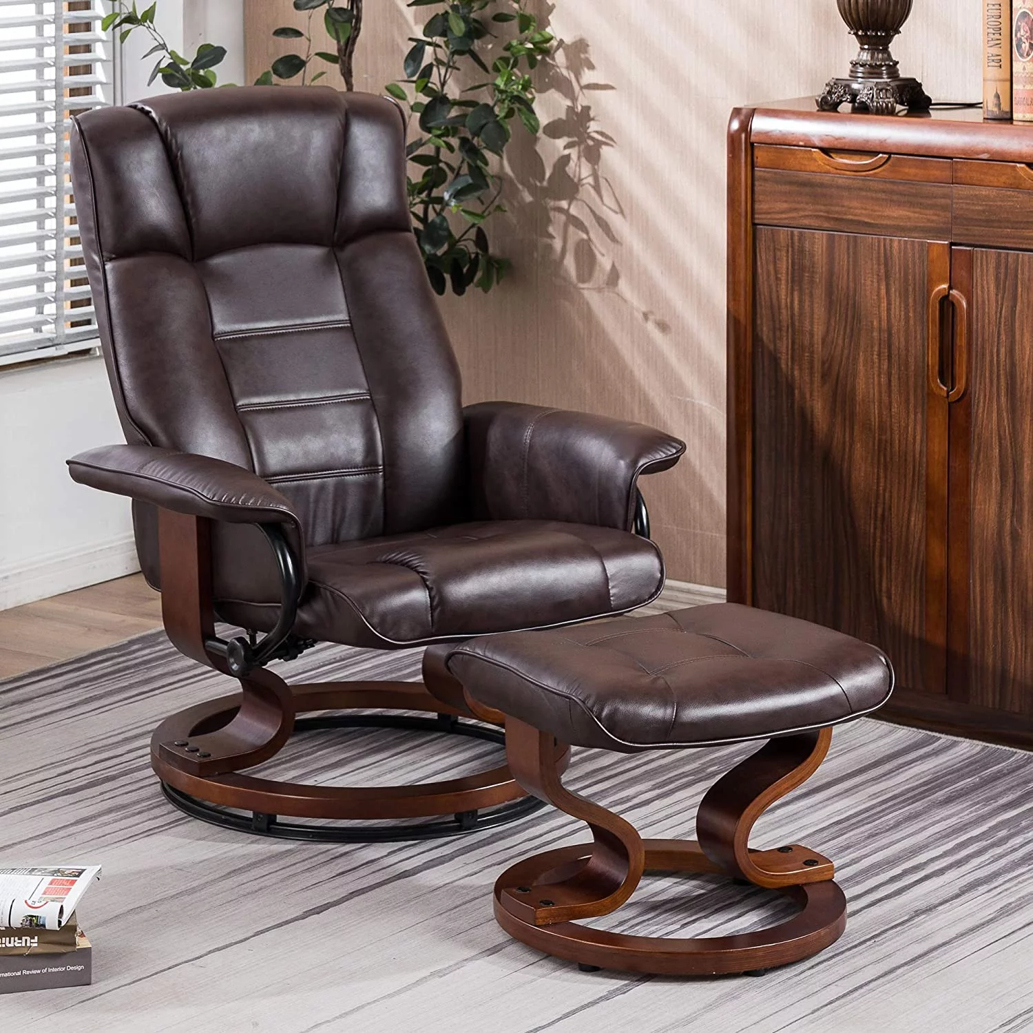 MCombo Swiveling Recliner Chair with Wrapped Wood Base and Matching Ottoman Footrest  Furniture Casual Chair  Faux Leather 9019 (Cream White)