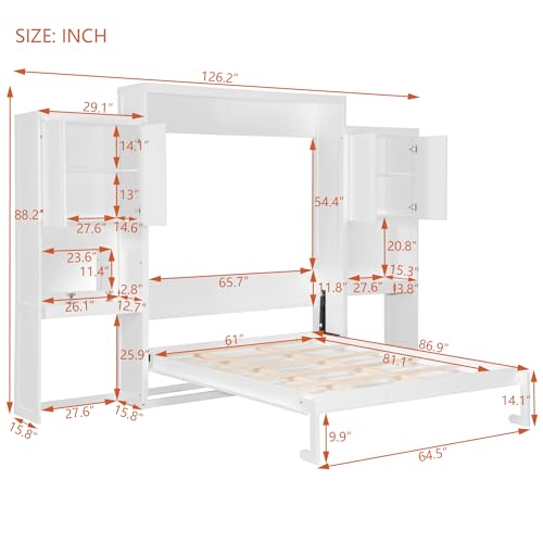 Queen Murphy Bed Cabinet with Closet, Queen Size Wall Murphy Bed with Storage Wardrobe and Storage Shelf, No Box Spring Needed, White