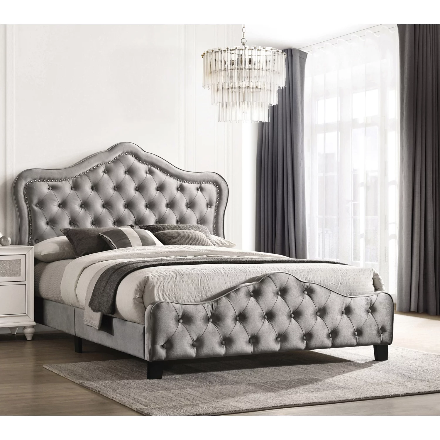 Bella Eastern King Upholstered Tufted Panel Bed Grey