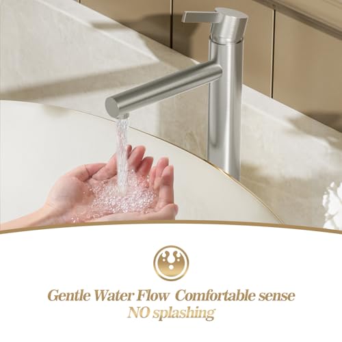 Phiestina Brushed Gold One Hole High Bathroom Vessel Sink Faucet, Single Hole Single Handle Tall Bathroom Faucet, with Pop Up Drain and Water Supply Line,FH01-BG-V