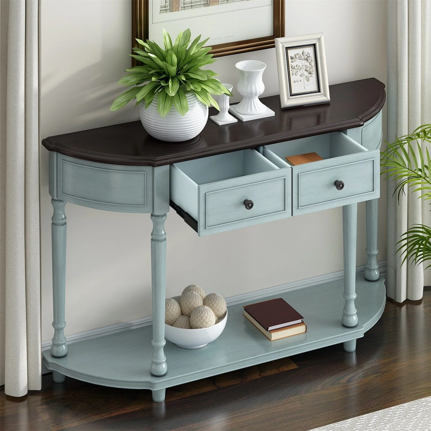 MERAX  Retro Circular Curved Console Table with Two Top Drawers Cherry & Antique Blue