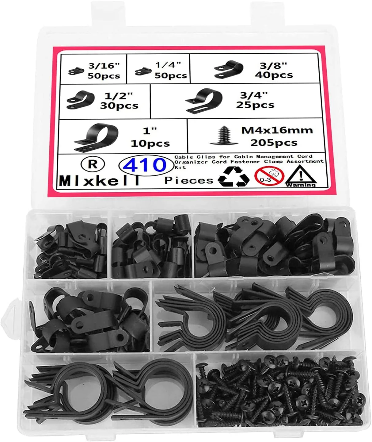 Black screw installation cable, used for power cord fastener clification, 6 sizes 410 PCS of nylon R type,