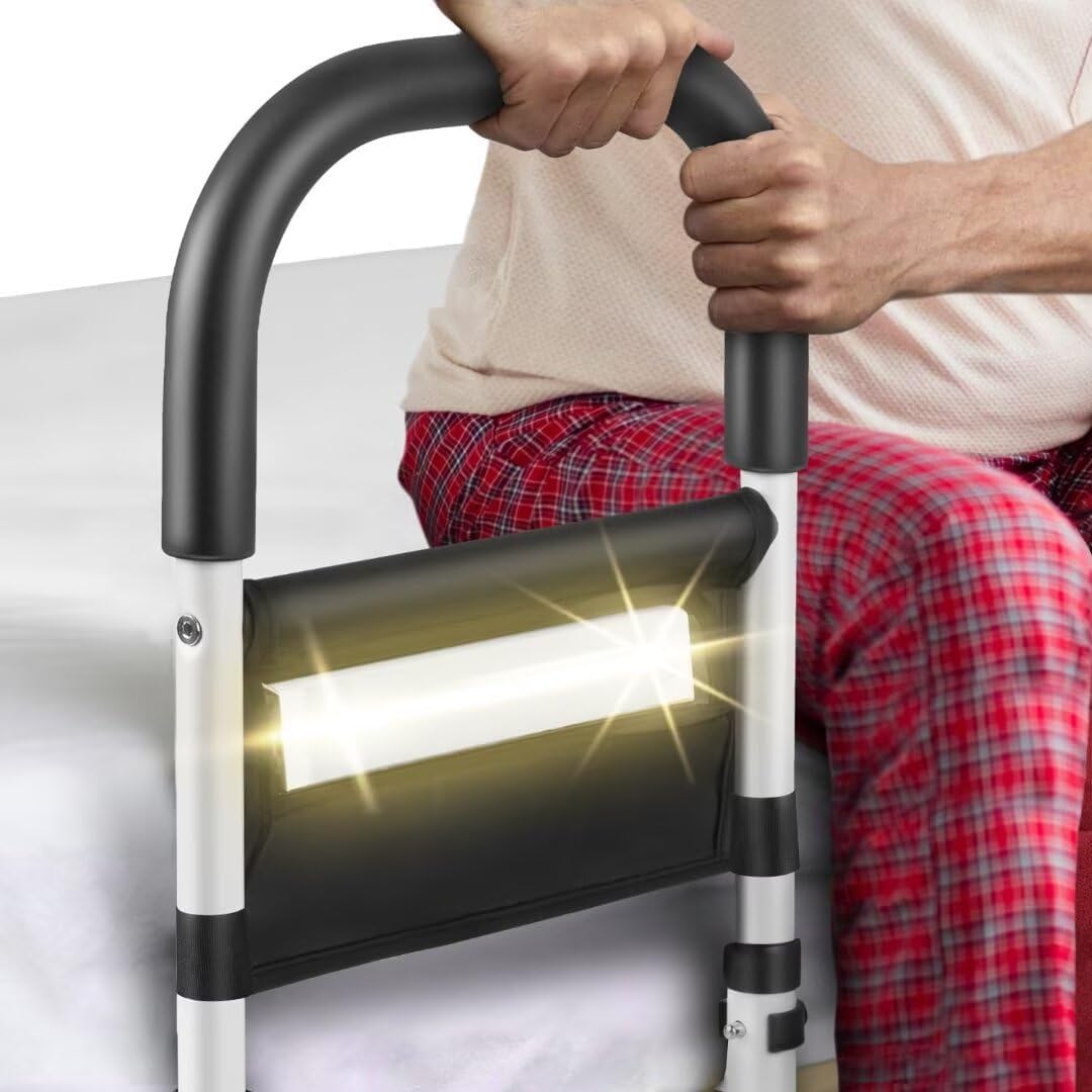 Bed Rails for Elderly Adults Safety with Motion Light/Non-Slip Handle/Storage Pocket: Bed Railings Assist Bar for Seniors Heavy Duty - Bed Cane Fits Any Bed, Makes Getting in&Out of Bed Much Easier