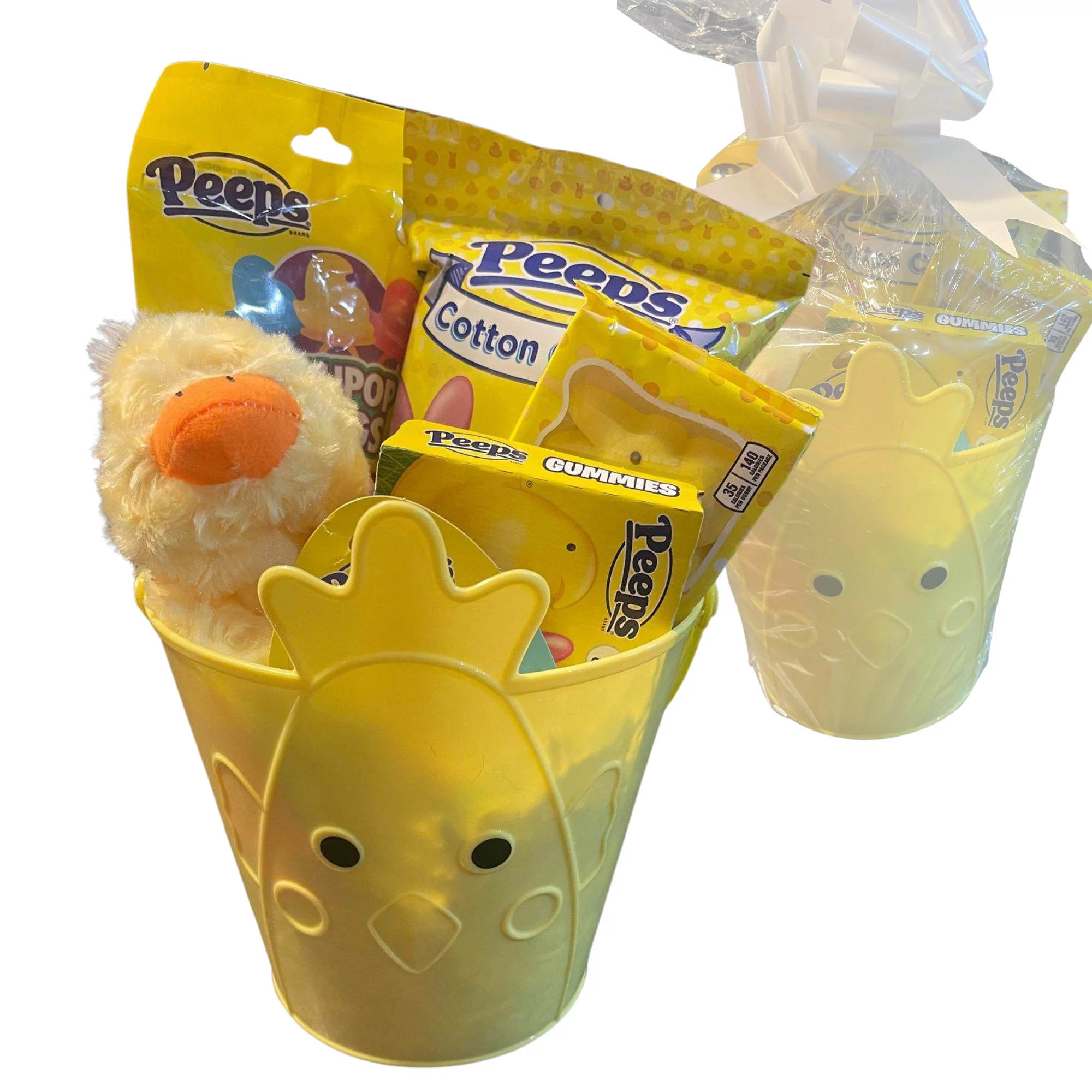 Happy Easter Gift Basket with Yellow Duck Plush Toy Cotton Candy Lollipops Rings Gummies Chicks Marshmallow Lip Balm & Reusable Bucket for Girls Holiday Spring Birthday Party Favors (Contents Vary)