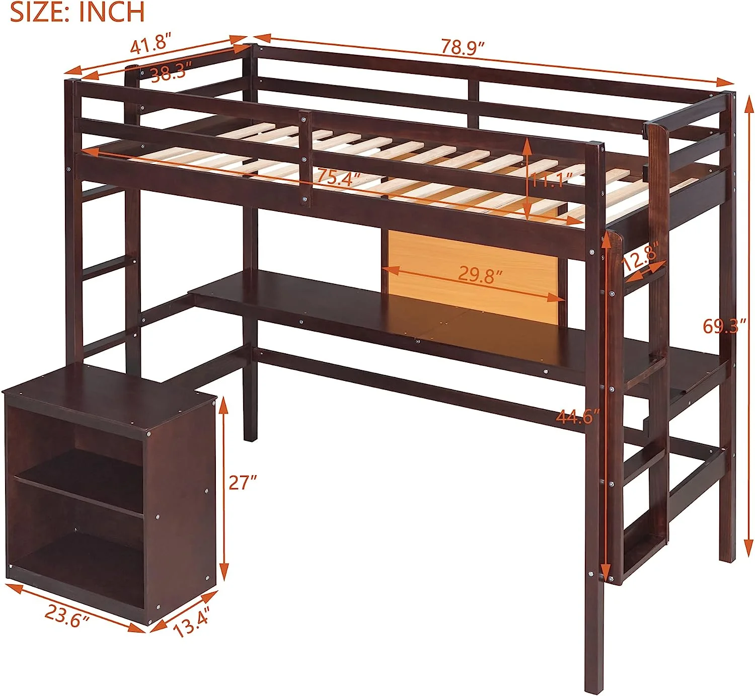 Twin Size Loft Bed Space Saving Kids Bed Frame with Desk 2 Drawers Cabinet and Writing Board
