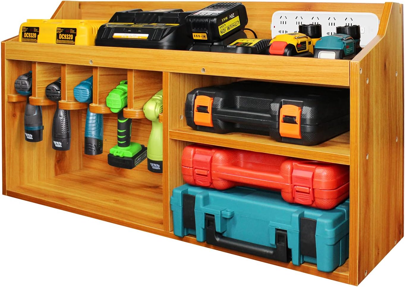 Wokyy Wall Mount Power Tool Organizer, Cordless Power Tools Wooden Shelf Rack, Drills Storage Cabinet Holder for Garage Workshop - Black