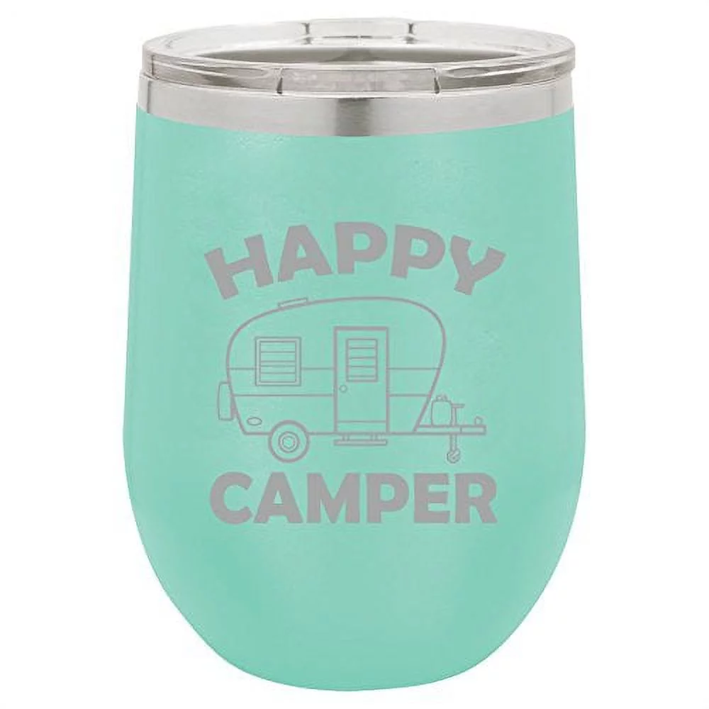 12 oz Double Wall Vacuum Insulated Stainless Steel Stemless Wine Tumbler Glass Coffee Travel Mug With Lid Happy Camper (Teal)