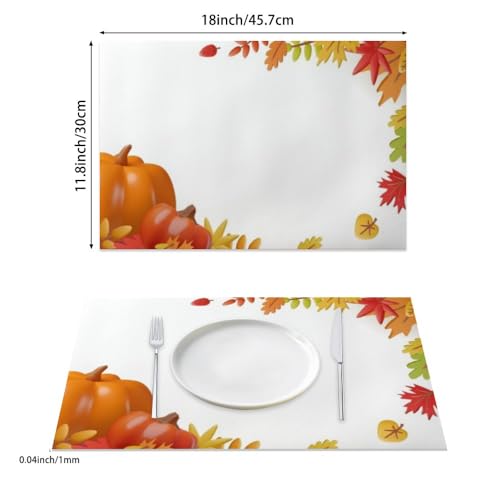 Faux Leather Dinner Mats Colorful Fall Leaves Border 12 X 18 in Restaurant Placemats Orange Pumpkin with Harvest Elements Placemats Easy to Clean Thanksgiving Christmas Table Mat 6-Count