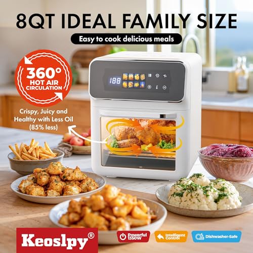 Air Fryer Oven, 8Qt Air Fry 8 Presets, Crispy Top, Bake, Grill Steaks, Bread, Bake Pizzas, French Fries, Reheats, Quick Meals, Digital Timer, Dishwasher Safe, Perfect for Small Contertop