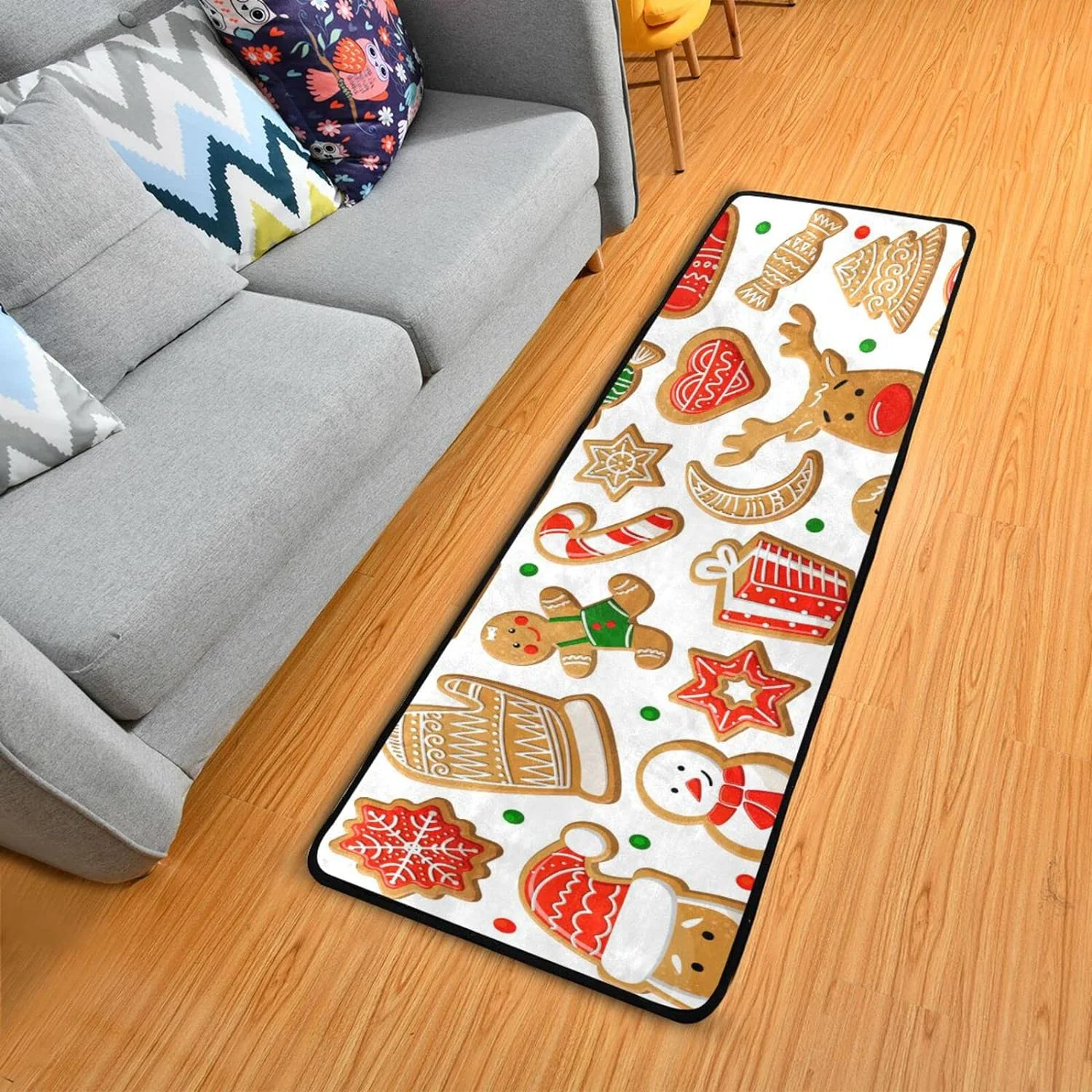 SKYSONIC 2X6 Feet Gingerbread Cookie Christmas Runner Rug with Rubber Backing, Candy Deer House Moon Non Slip Entryway Rug Runner Washable Soft Area Rug Carpet for Hallway Bedroom Kitchen Decor