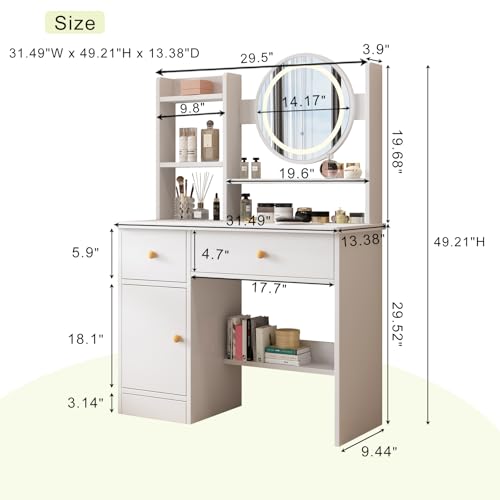 Vanity Desk with Mirror and Lights, 3 Lighting Modes, European Style Dressing Table with Drawers, with Open Storage Shelves,Makeup Vanity Table for Bedroom,Gifts for Girls and Women, White